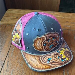 Pink and Gray Hat with Embroidered Accents and Woven Panels